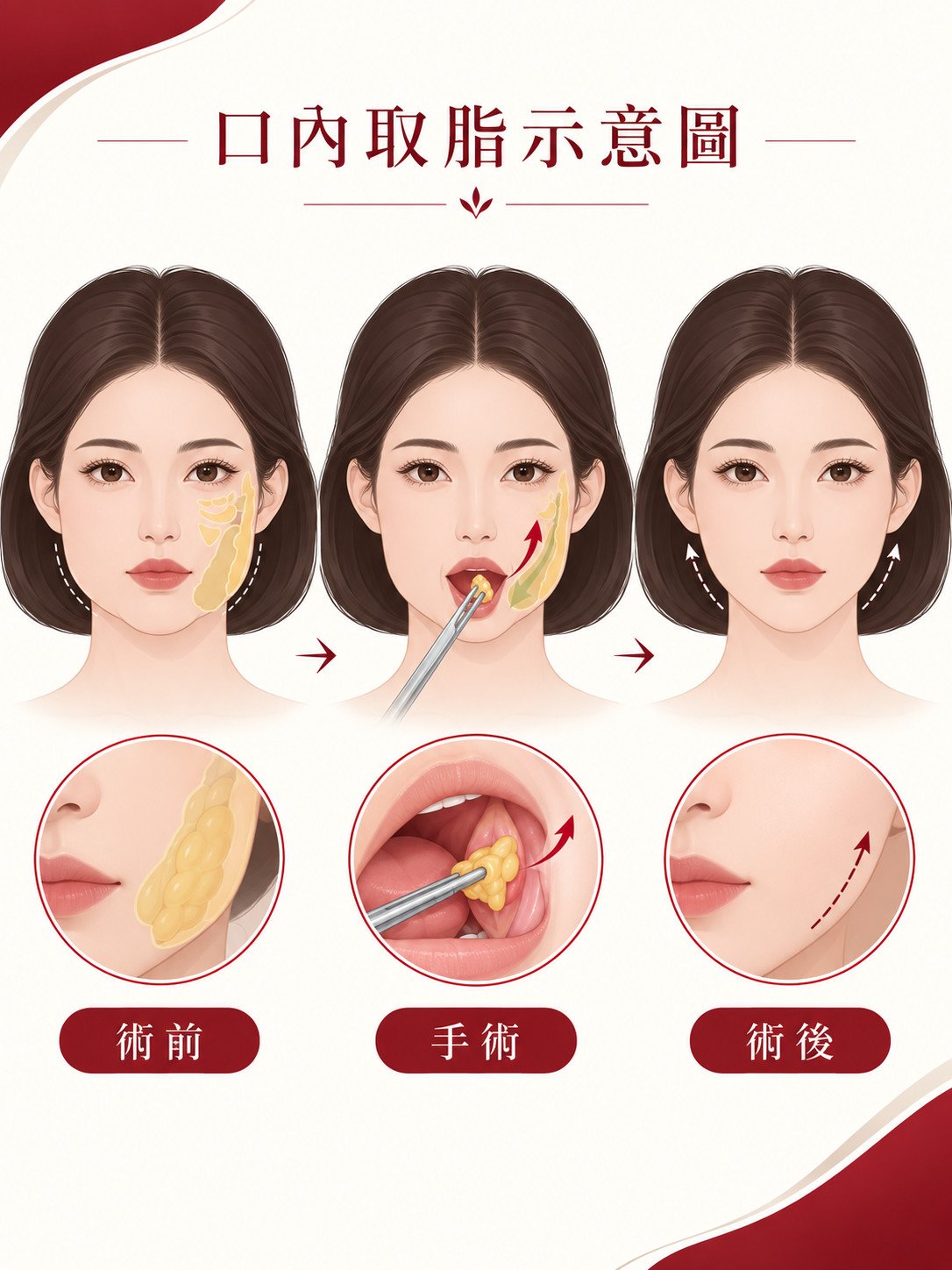 嘴邊肉怎麼消?醫美療程比較與治療順序完整解析 5 口內取脂手術示意圖:術前、手術中、術後