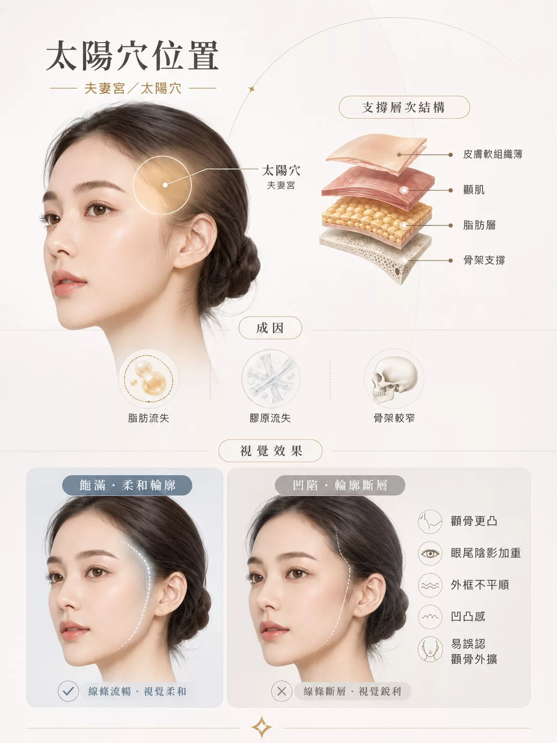 太陽穴凹陷怎麼辦?夫妻宮填補與醫美療程選擇指南 1 太陽穴凹陷原因與視覺效果對比圖:皮膚鬆弛、脂肪流失、骨架窄