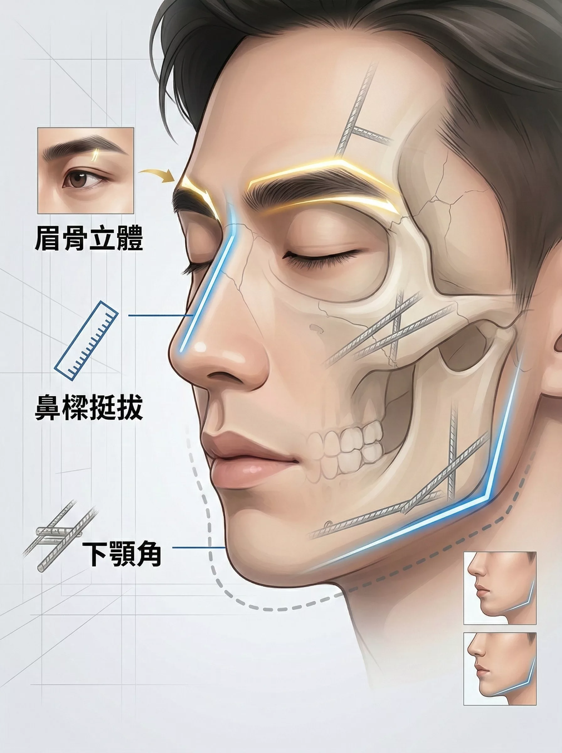 男性醫美全攻略|不動刀也能變帥?盤點男生最推薦的醫美項目 1 男性醫美圖解:眉骨、鼻樑、下顎角。