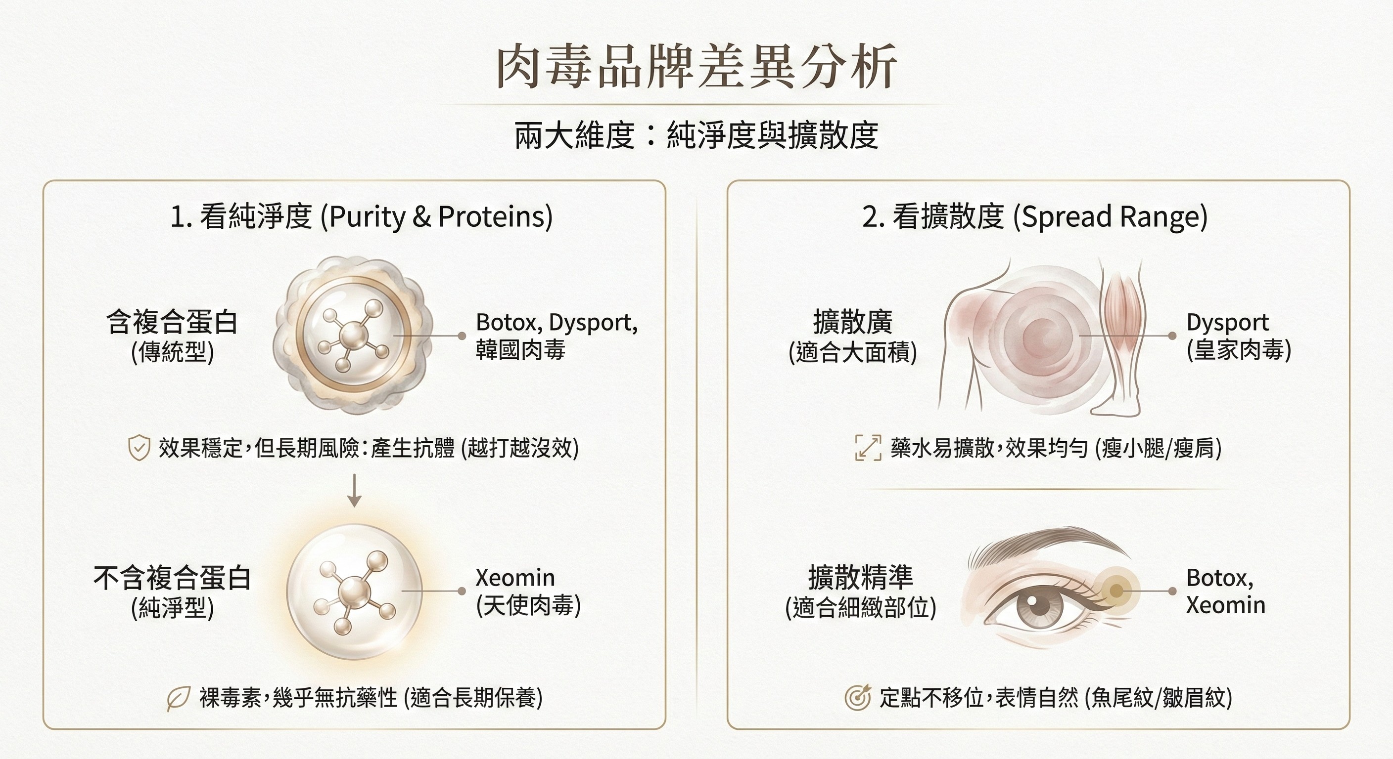 肉毒桿菌深度評比:天使、皇家、保妥適與韓國肉毒,哪款最適合你? 1 肉毒品牌比較:純淨度與擴散度。