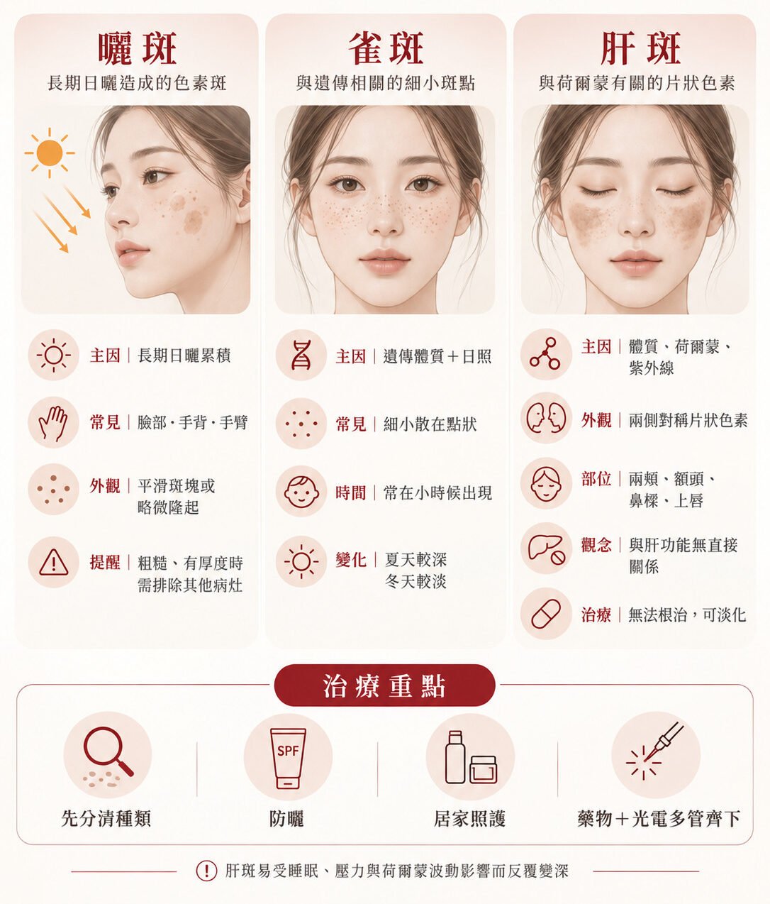曬斑、雀斑、肝斑怎麼分?膚色不均成因與療程評估 2 曬斑、雀斑、肝斑比較圖與治療