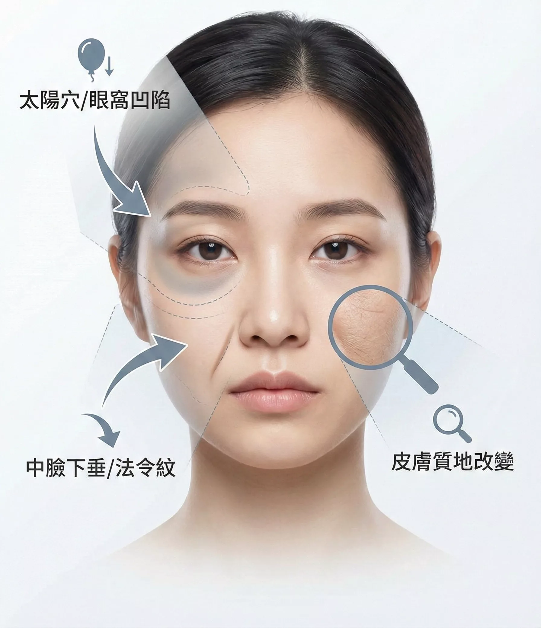 猛健樂臉是什麼?瘦瘦針快速減重導致臉頰凹陷的 3 大原因與自救全攻略 3 臉頰凹陷示意圖:太陽穴凹陷、法令紋、皮膚質感改變。
