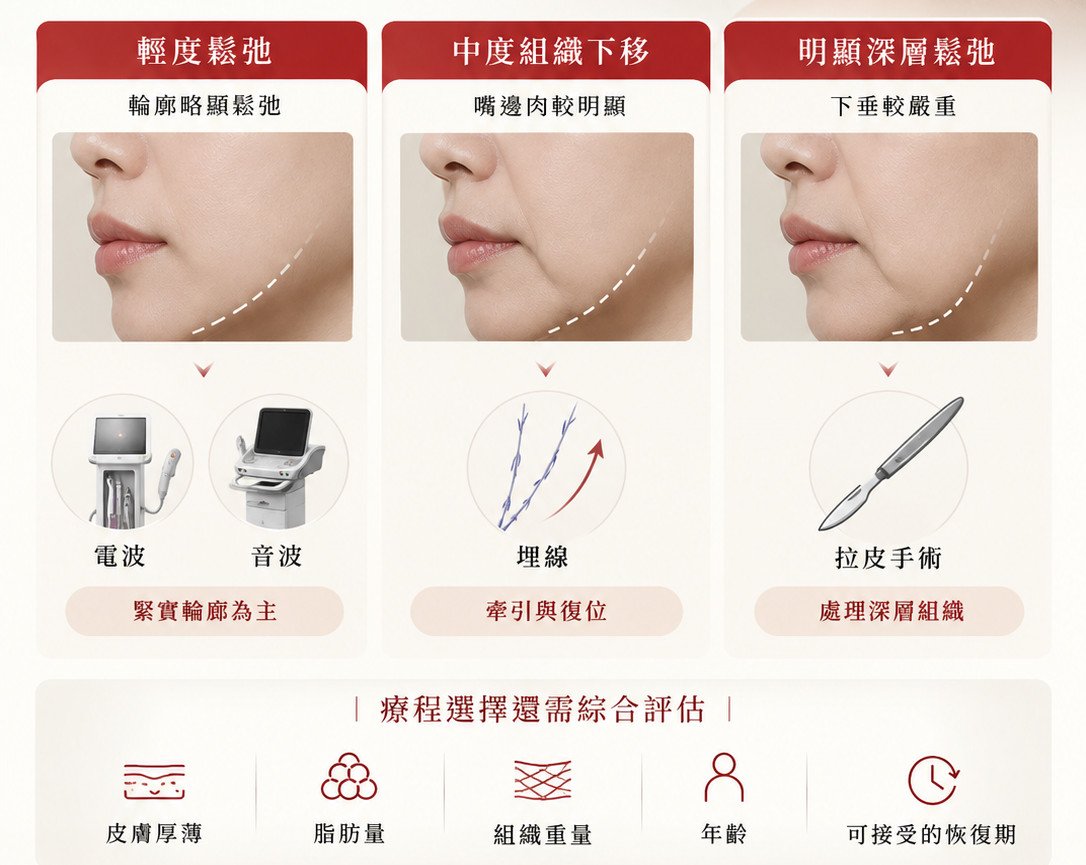 嘴邊肉怎麼消?醫美療程比較與治療順序完整解析 6 醫美療程比較:輕度、中度、重度鬆弛與拉皮手術